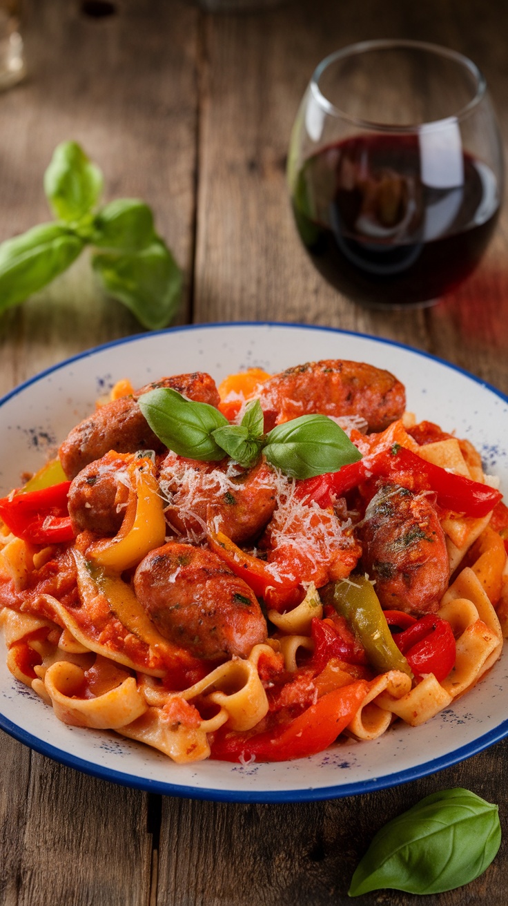 Savory Italian Sausage and Peppers Pasta Recipe A hearty serving of Italian sausage and peppers pasta with bell peppers, sausage, and Parmesan cheese on a rustic table.